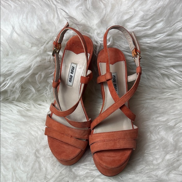Miu Miu Women’s Strappy Orange Suede Slingback Platform Sandals Size 37 EU - Picture 3 of 17